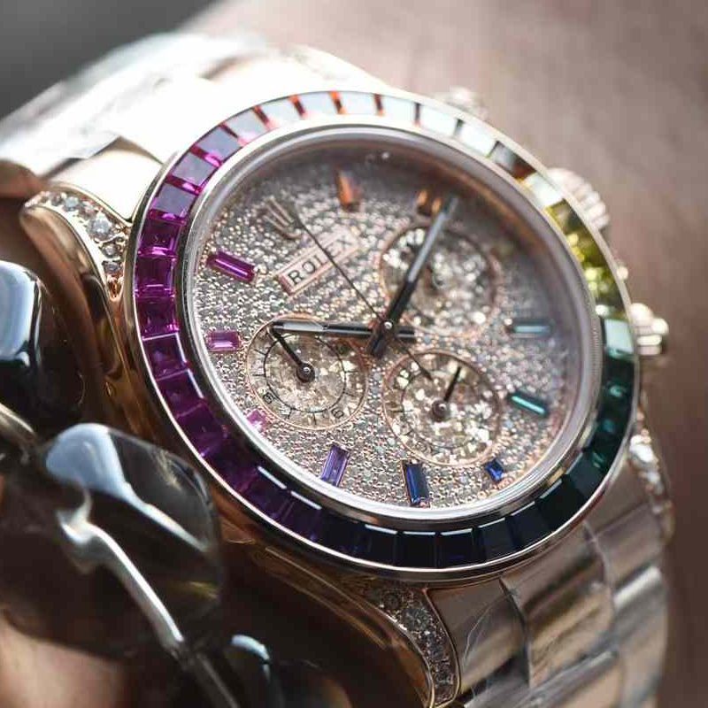  Ultra-high-end  Customized Rolex Gold-plated complete Moissanite  Matching weight version 4130 Rainbow Daytona 116595rbow-0004TOP replica imitation  Daytona  watches 