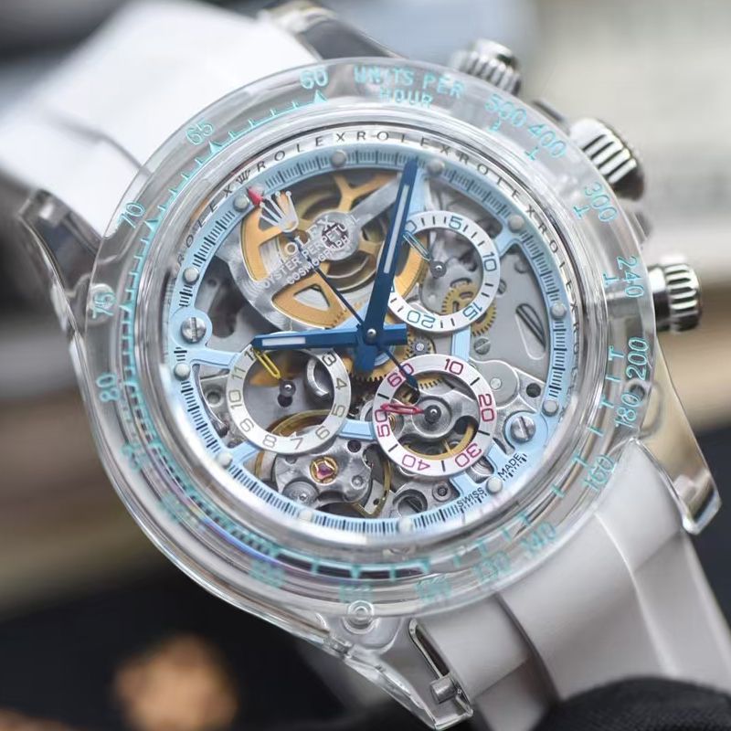  Video review  Advanced   Customized version complete Transparent crystal case  super  Skeleton 4130 Rolex Daytona  watch