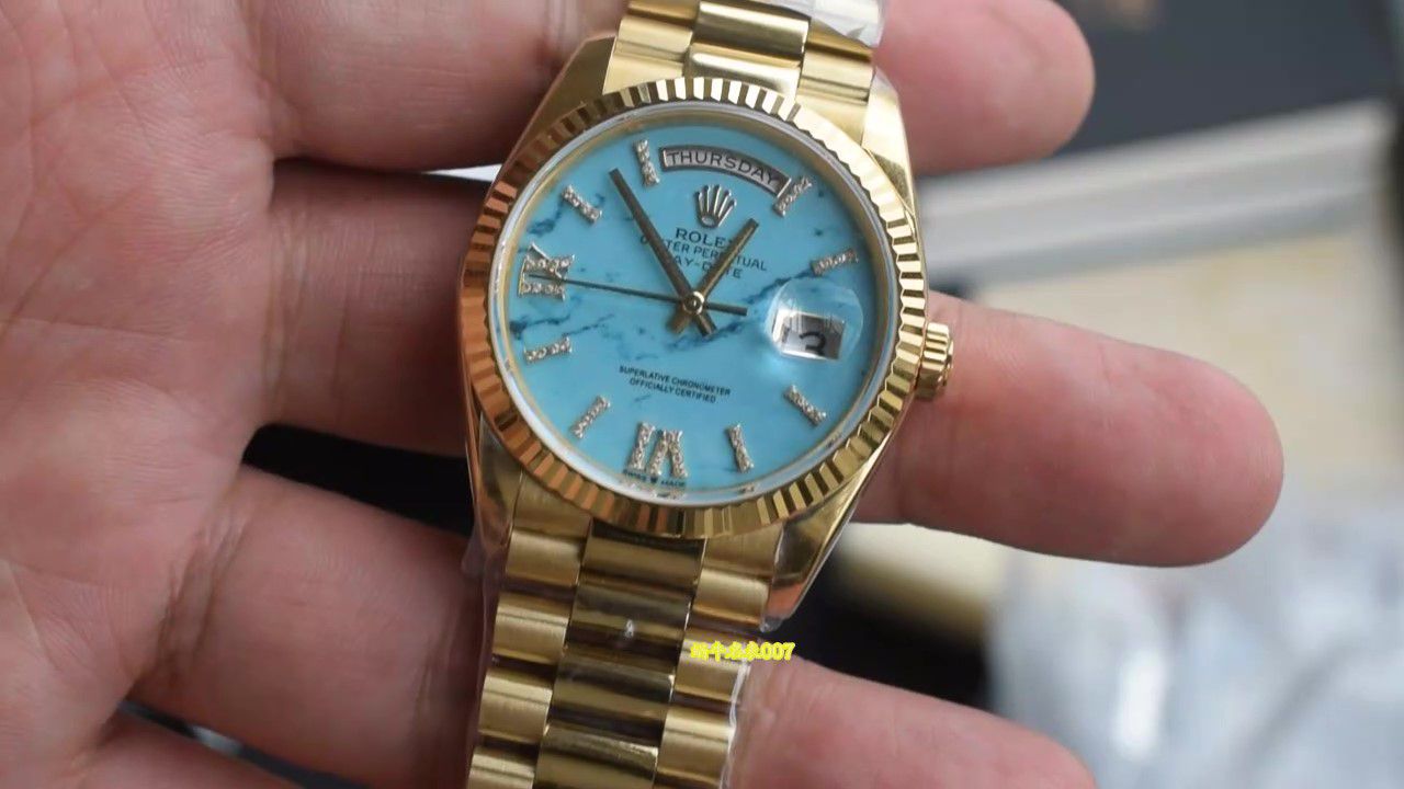  Video review  Ultra-high-end  Gold-plated Rolex Day-Date 绿松石m128238-0071 watches  / R1037