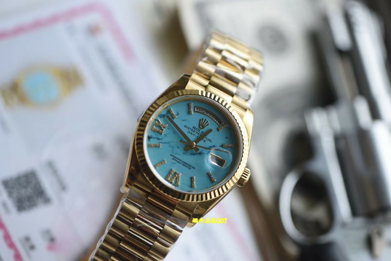  Video review  Ultra-high-end  Gold-plated Rolex Day-Date 绿松石m128238-0071 watches  / R1037